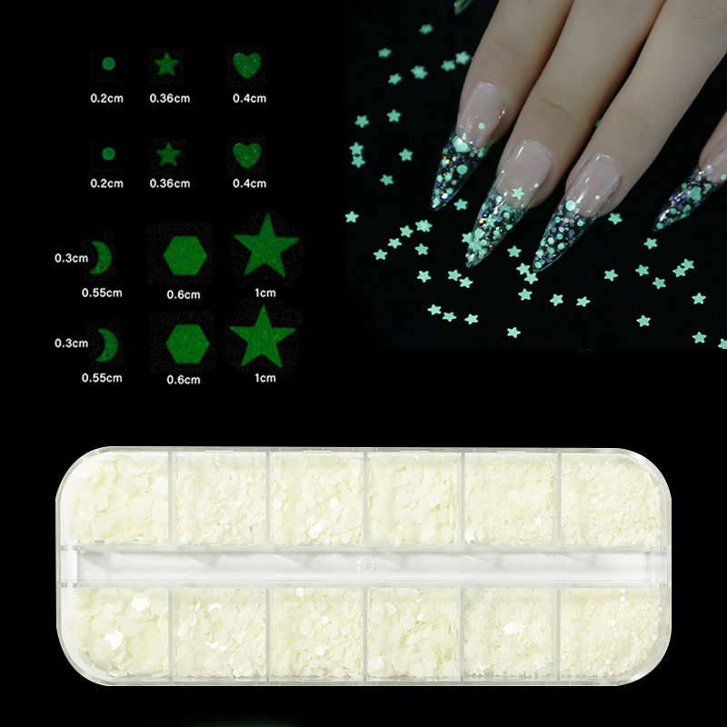 Finger princess manicure sequinilla decorativa de uñas de luz nocturna caja larga conjunto de manicure de forma nocturna sequinilla
