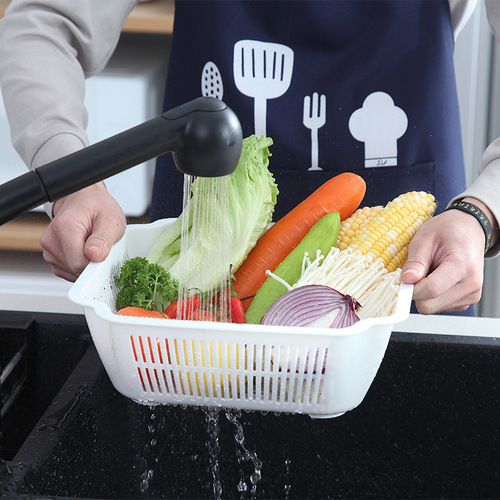 Double-layer kitchen drain basket with lid, fruit and vegetable basket, vegetable washing basket, plastic cleaning basket, fruit and vegetable basin, vegetable washing drip sieve