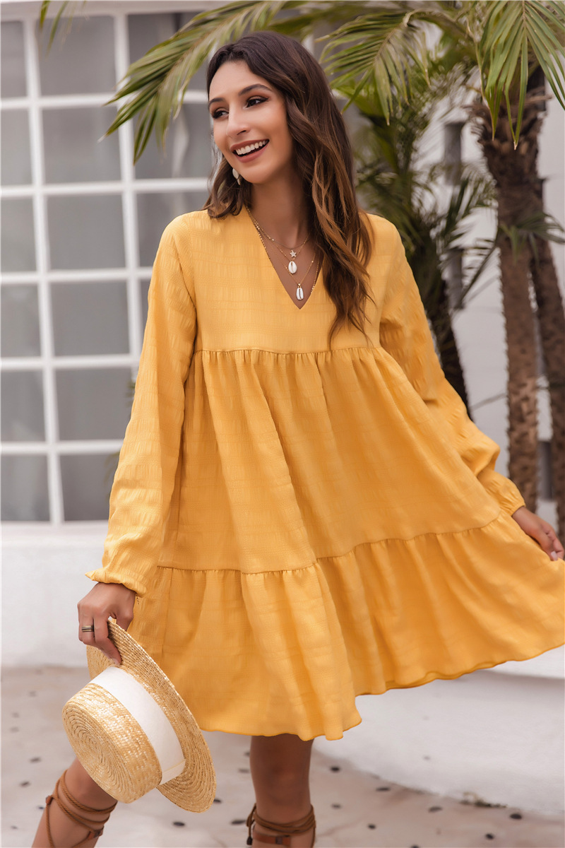 long-sleeved v neck loose solid color dress NSHNF117263