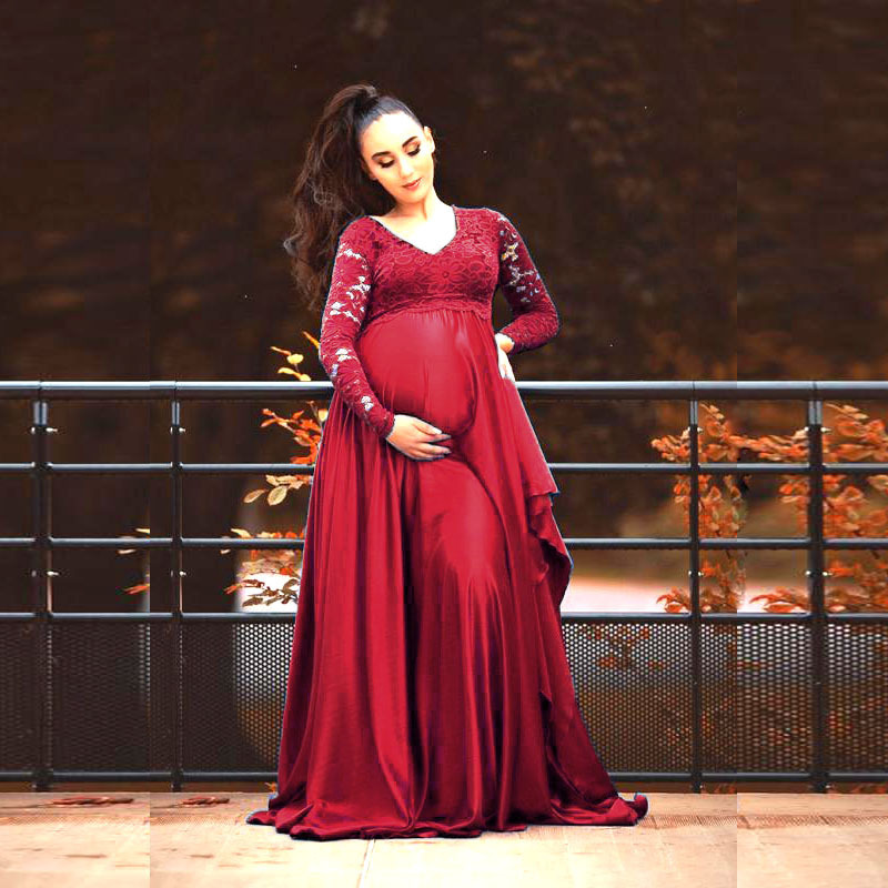 European and American women's clothing for autumn and winter lace stitching silk pregnant women's V-neck long sleeve tail skirt photography dress 1136