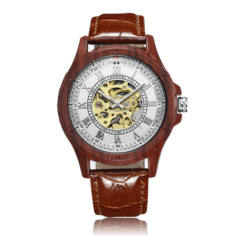 SEWOR hombres de negocios reloj mecánico automático de madera correa de cuero hueco transparente inferior mecánico reloj de madera maciza 001