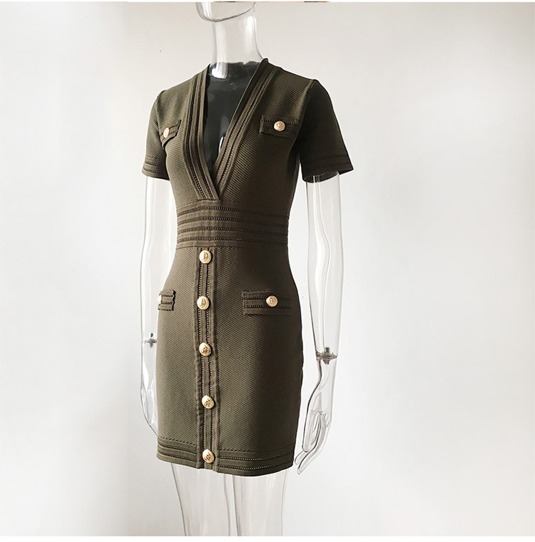 Spring Knitted Short Sleeved V neck Dress Sheath Army Green Black Texture
