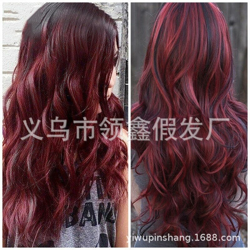 Cruz-Frontera de longitud media europea y americana de pelo rizado vino rojo gradiente blanqueado y teñido de onda grande Peluca de fibra química sintética cubierta de cabeza completa
