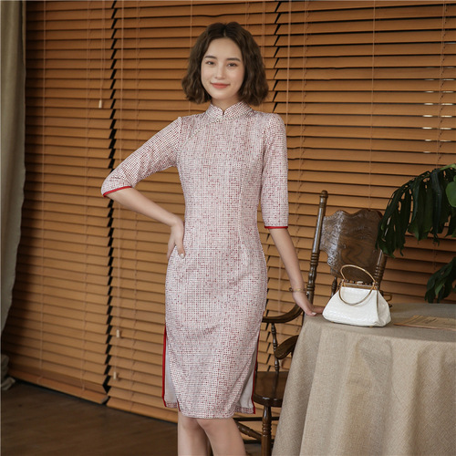 Women chinese dress oriental qipao dresses photos shooting miss etiquette Knitted Plaid cheongsam dress