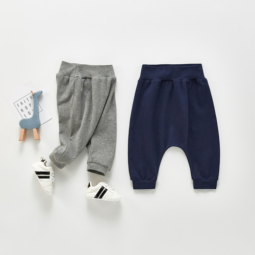 ins Korean version  spring clothing boy baby baby toddler pure cotton harem pants high waist trousers two-color trendy style