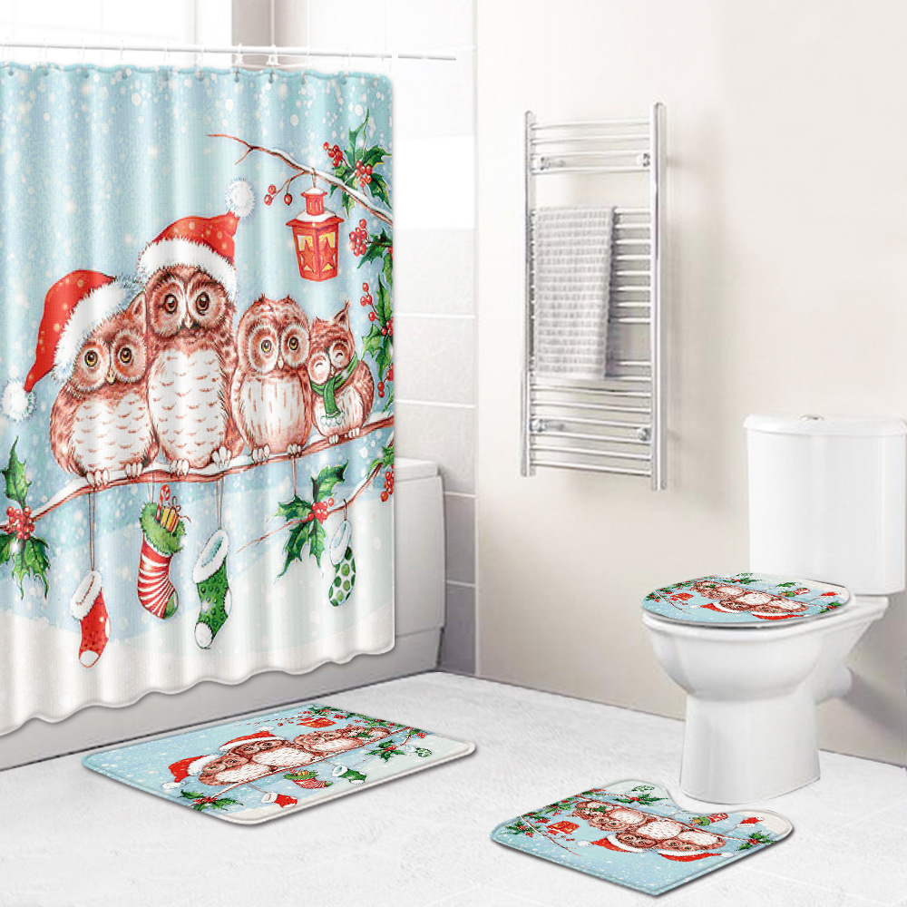 圣诞节雪橇跨境地垫浴帘卫生间防滑垫四件套亚马逊货源麋鹿
