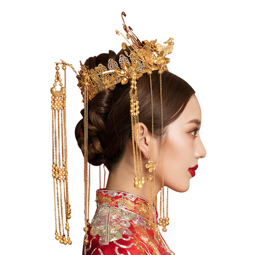 Bride's Xiuhe dress headdress, wedding Chinese-style Hewei hair accessory, ancient style hair crown, golden crown-style full round headdress, ancient costume
