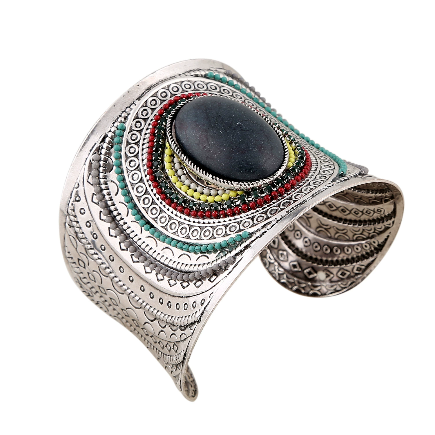 Boho Metal Bracelet, Turquoise Accent Open Cuff, Wide & Adjustable, Multiple Sizes