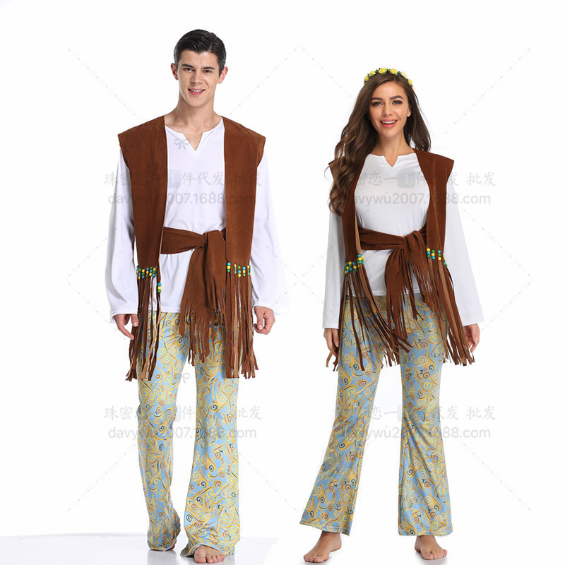Real shot split size Halloween costume men and women couples retro 70 s European and American disco hippie dance show
