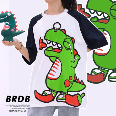 2020新款恐龙T恤印花潮流宽松学生ins卡通黑白短袖个性时尚情侣款|ms