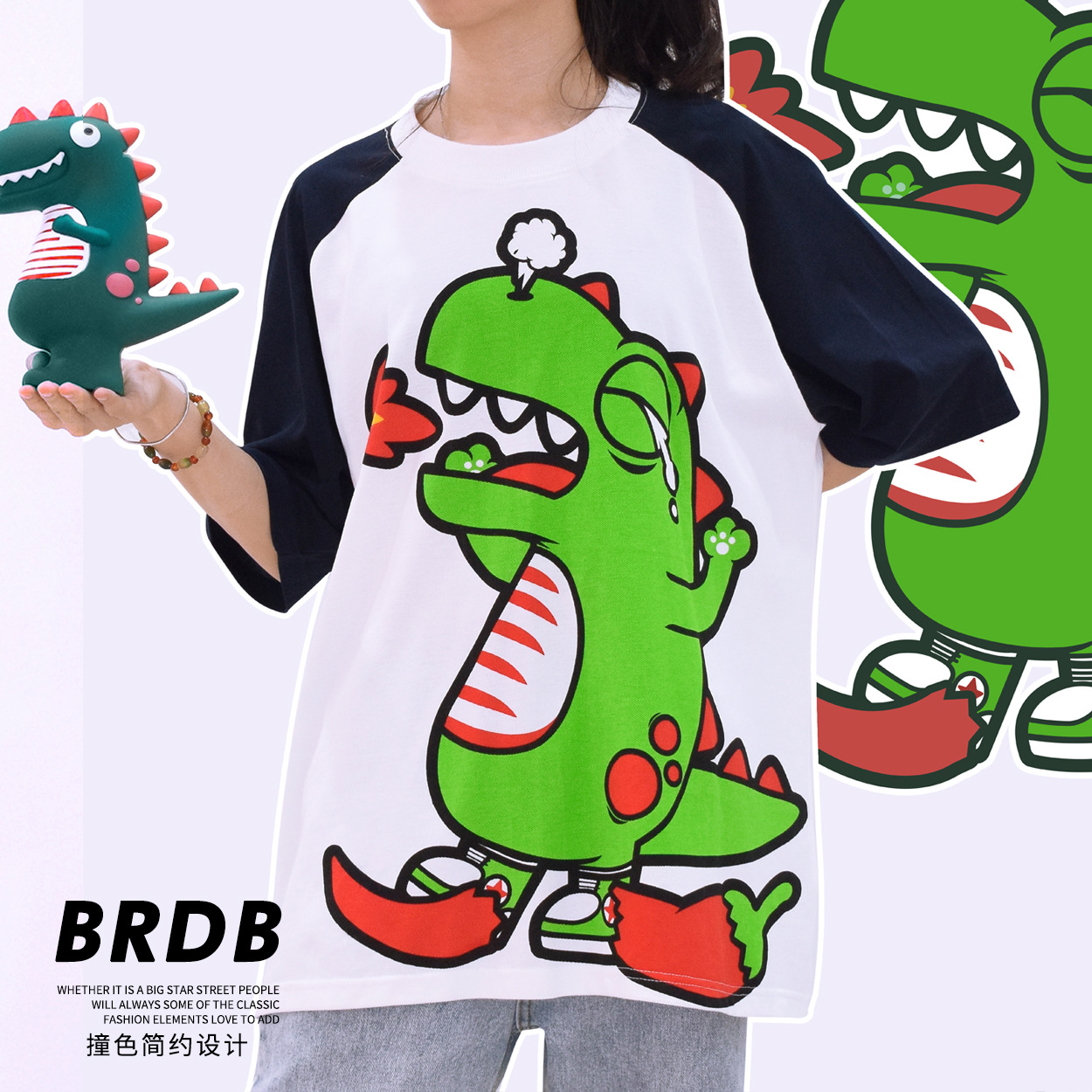 2020新款恐龙T恤印花潮流宽松学生ins卡通黑白短袖个性时尚情侣款|ms