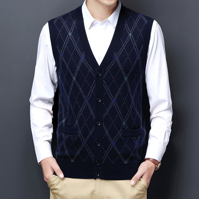 冬季羊毛马甲男针织开衫中年男士无袖宽松v领背心爸爸装老人坎肩
