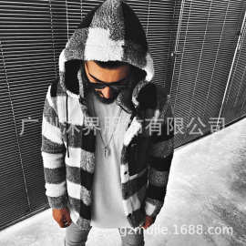 跨境2020欧美男装外套亚马逊货立站新款时尚撞色毛毛连帽男外套