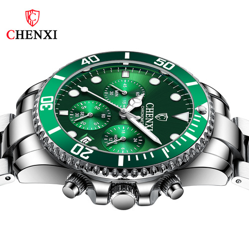 Chenxi Multifunctional Solid Steel Band Men's Watch Three Eyes Six Needles Cross-border Live Calendar Chronograph Waterproof Ghost Quartz Watch