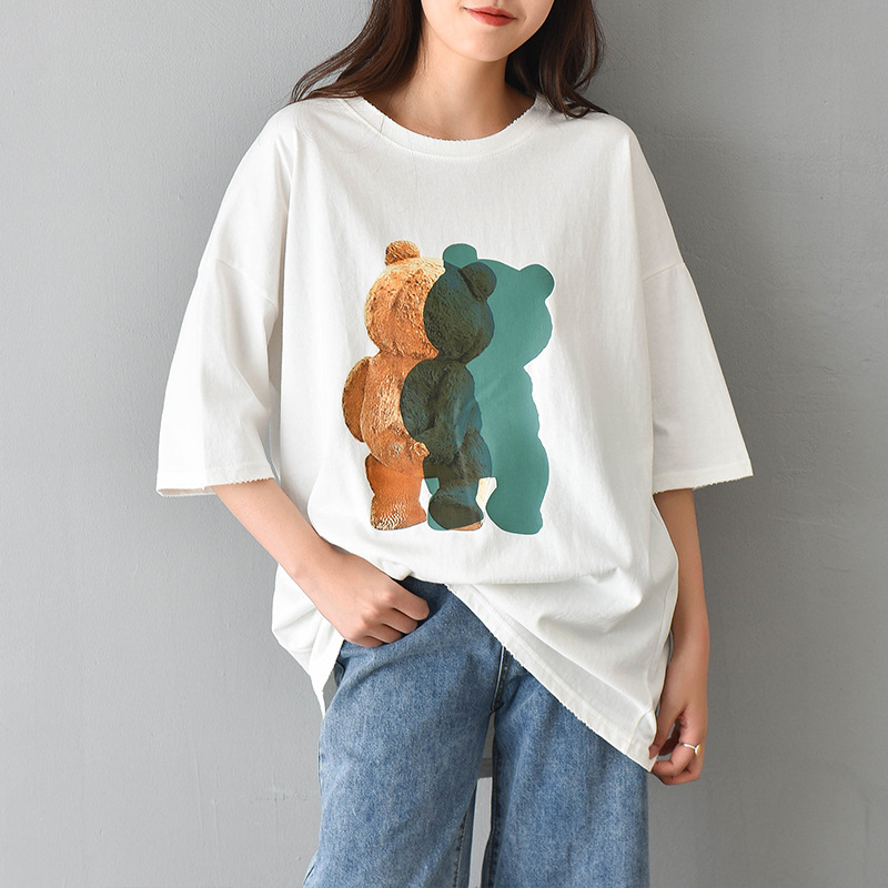 Short sleeve T-shirt Easy Large mm Mid length version washing Cartoon printing Lazy wind 2020 The new spring and summer