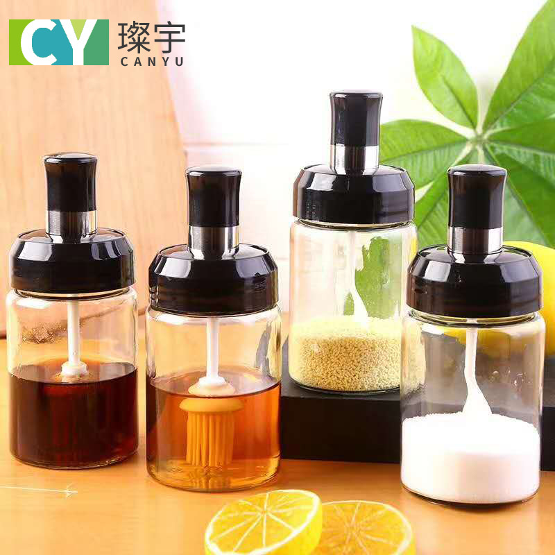 调料盒玻璃盐罐家用勺盖一体调味罐厨房用品佐料密封防潮玻璃套装