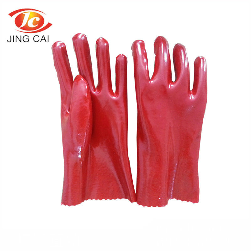 厂家供应27cm红色光面PVC劳保手套 PVC防化手套 PVC防油手套