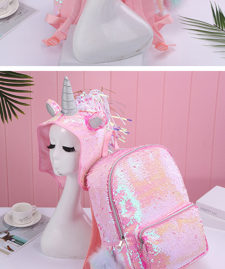Hooded Unicorn student large-capacity sequined fashionable schoolbag children's outdoor travel backpack detail image 13