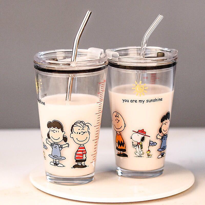 韩式创意水杯刻度带盖吸管双用果汁牛奶杯学生印花家用玻璃杯加厚