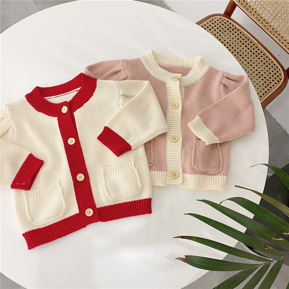 INS spring and autumn baby girl baby infant pocket color matching jacket jacket simple puff sleeve cardigan