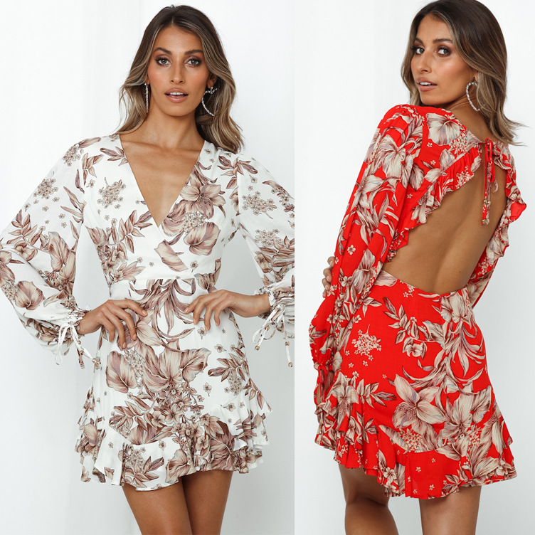 autumn new style sexy V-neck halter long-sleeved waist printed ruffle dress NSYD3717