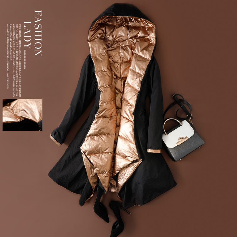 Outfit European Station European And American Slim Irregular Thickened Mid-Length Shiny Reversible Down Jacket For Women