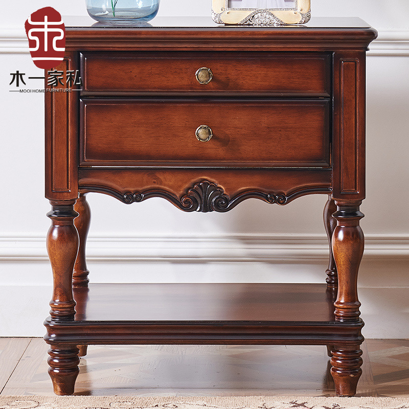 美式羅馬柱實木床頭櫃簡約仿古收納抽屜儲物櫃簡美整裝雕花床邊櫃