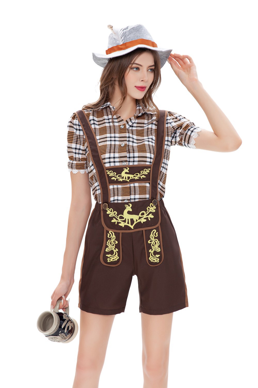 German beer adult checkered overalls set Bavarian ethnic stage performance costume women's clothing_voghion.com