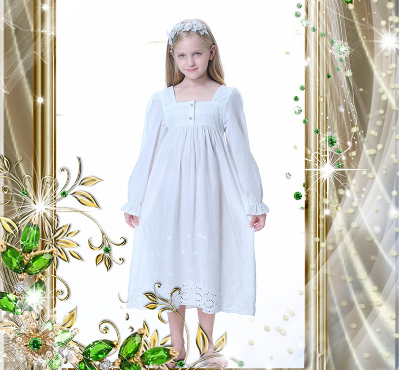 Girls' cotton embroidered long princess nightgown, white European and American style, suitable for medium and large children, can be worn outside.