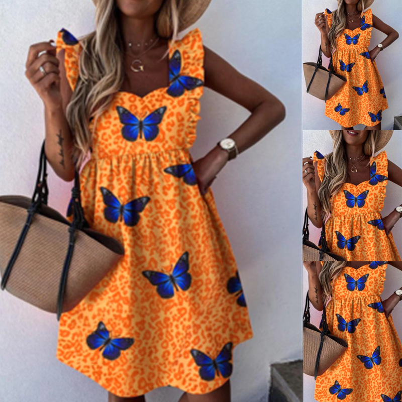 Cross-border 2023 Summer New Women's Clothing Amazon European and American Explosions Leopard Butterfly Printed Square Neck Large Swing Dress