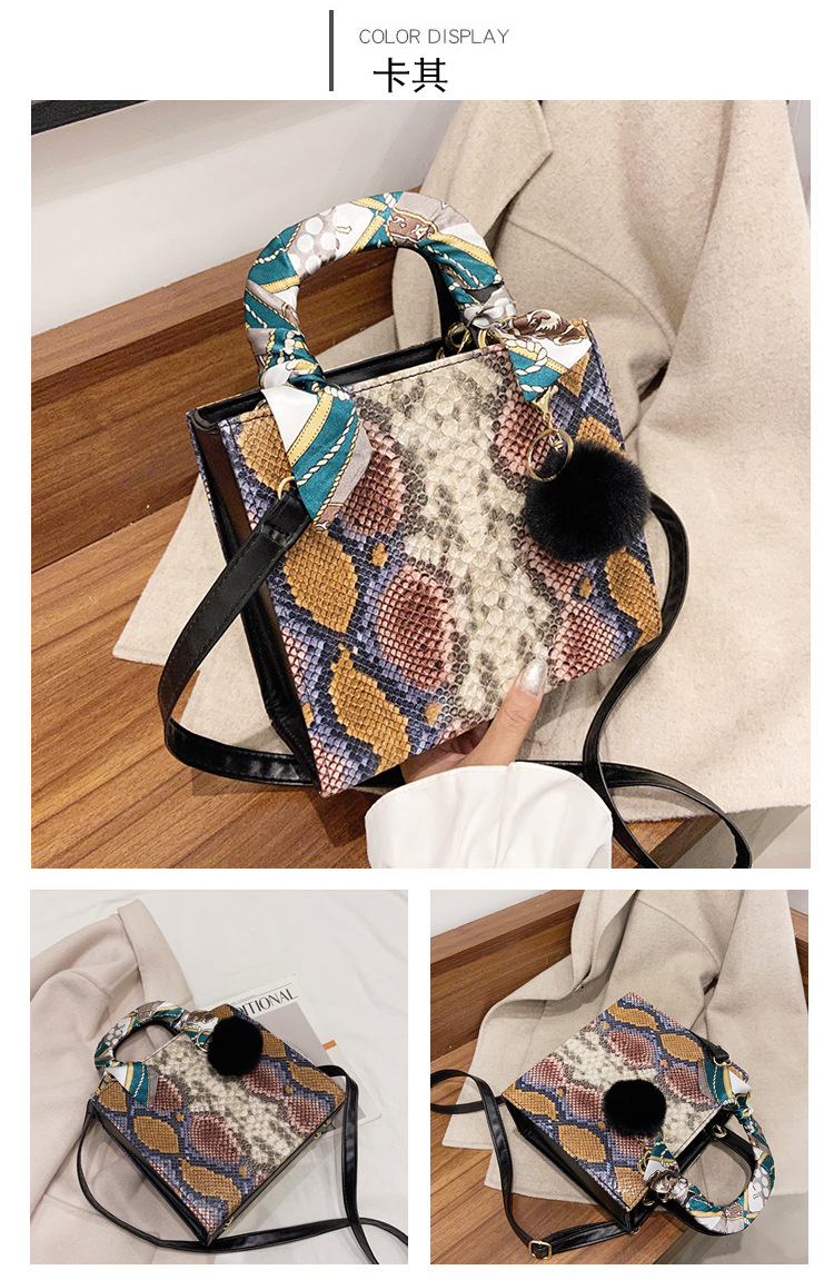 Contrast Color Snake Pattern Women's Bag New 2020 Autumn And Winter Korean Style Fashion Bag Shoulder Bag Crossbody Silk Scarf Portable Small Square Bag display picture 42