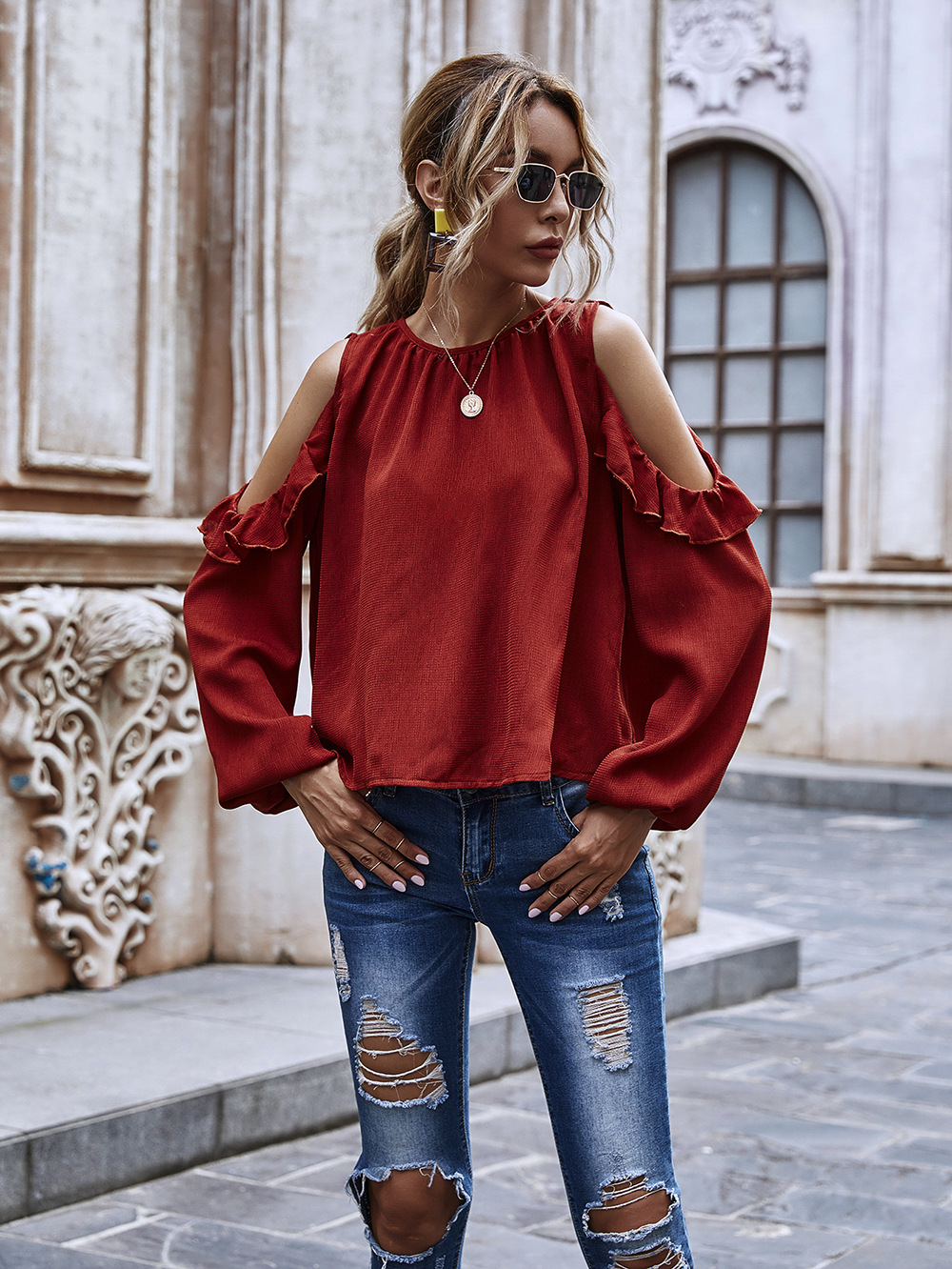 women's solid color long-sleeved women's loose strapless tops with puff sleeves NHDF48
