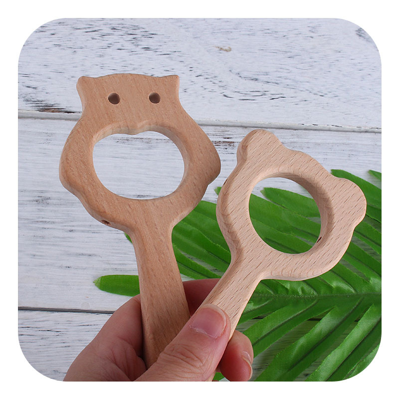 Nuevo dibujos animados de haya búho oso marrón mano palo juguete mordedor bebé DIY sonajero juguete mordedor palo Accesorios