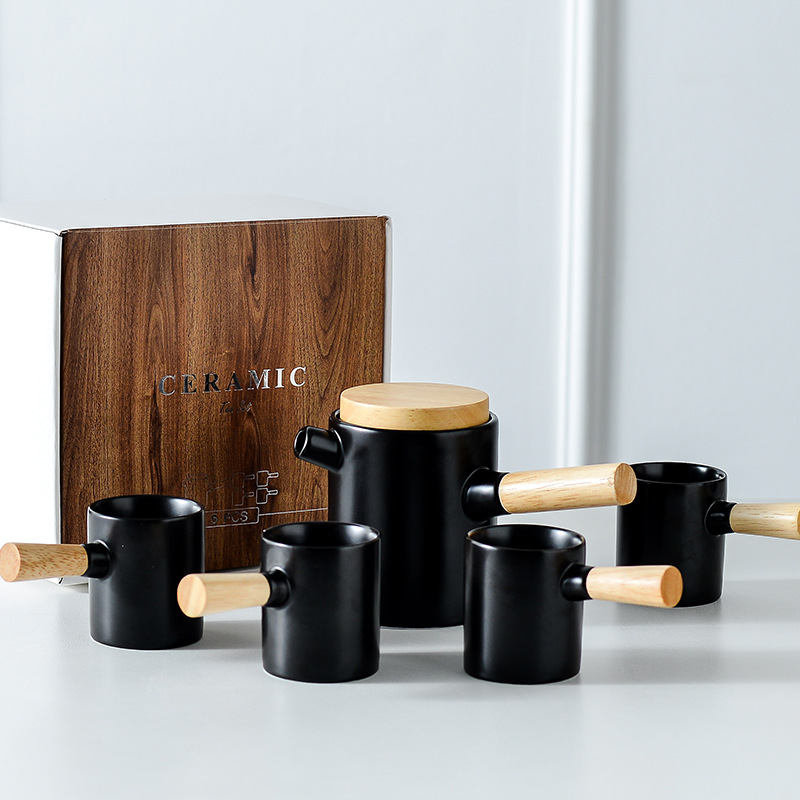Manija de madera personalizada mango lateral olla una olla cuatro tazas con filtro de té creativo juego de té japonés caja de regalo embalaje logotipo personalizado