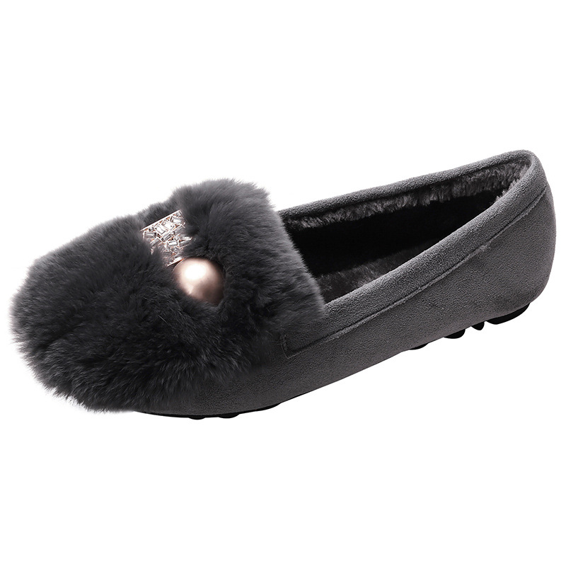 Zapatos de felpa de las mujeres ropa de invierno zapatos de guisantes forrados de lana caliente deslizamiento-En hebilla de diamante de metal piel de conejo Rex más tamaño zapatos de algodón de fondo suave image 7