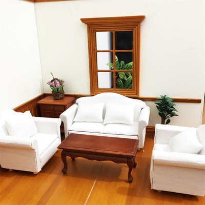 1：12娃娃屋迷妳家具dollhouse清新白色沙發3件套帶靠枕