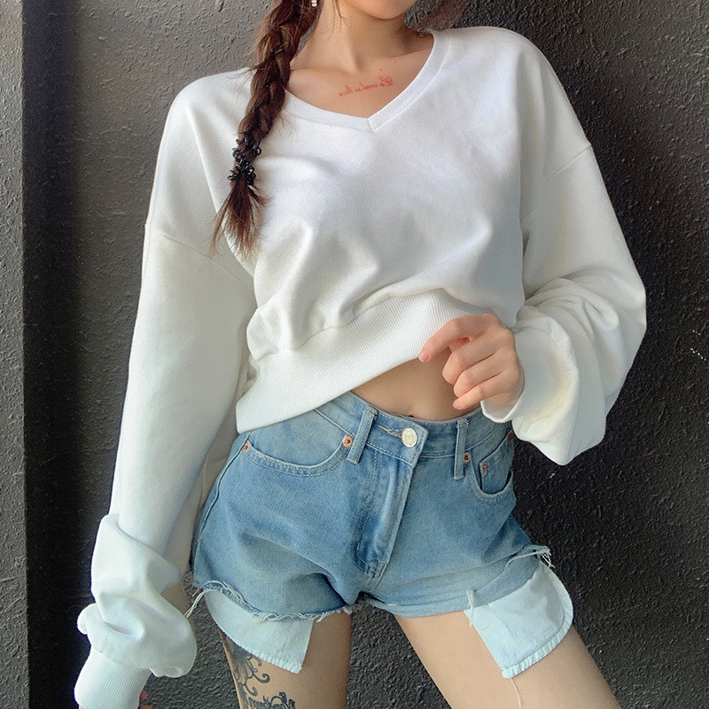 summer small V-neck wild white sweatershirt NSLQ12411