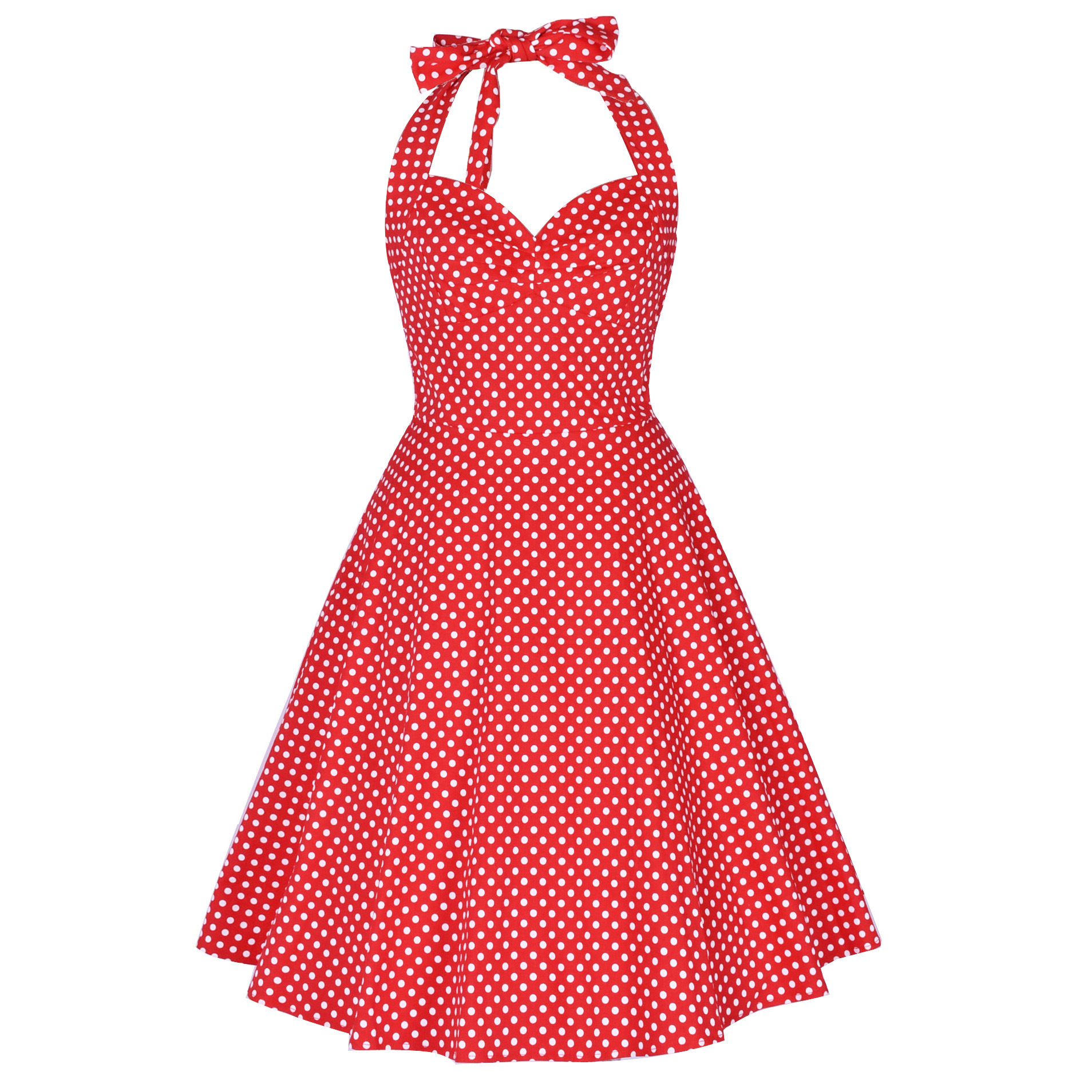 Robe vintage style Hepburn, taille haute cintrée, imprimée, col halter, dos nu, jupe ample_voghion.com