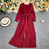 Long sleeve waist closing lace up slim pleated wide leg pants Jumpsuit