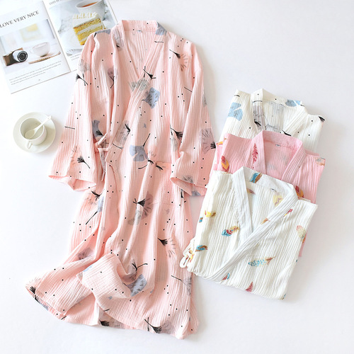 New Women's Summer Pure Cotton Hanfu Robe ⑨ Split Sleeve Japanese Double Layer Crepe Bath Robe 100% Cotton Sauna Pajamas