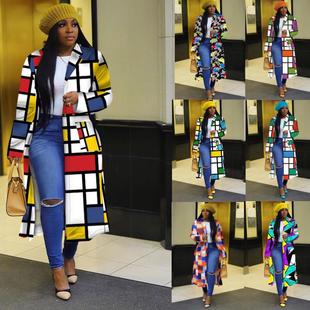 2020 Amazon Cross-border Explosions Autumn and Winter Long Fashion Windbreaker Women's Plaid Large Size Button Cardigan Jacket Women's Clothing