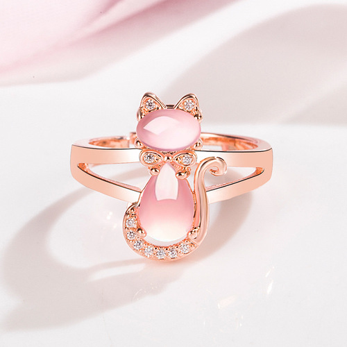 Korean version pink crystal cat ring for women with diamond hibiscus stone cat ring cute cat open fashion ring