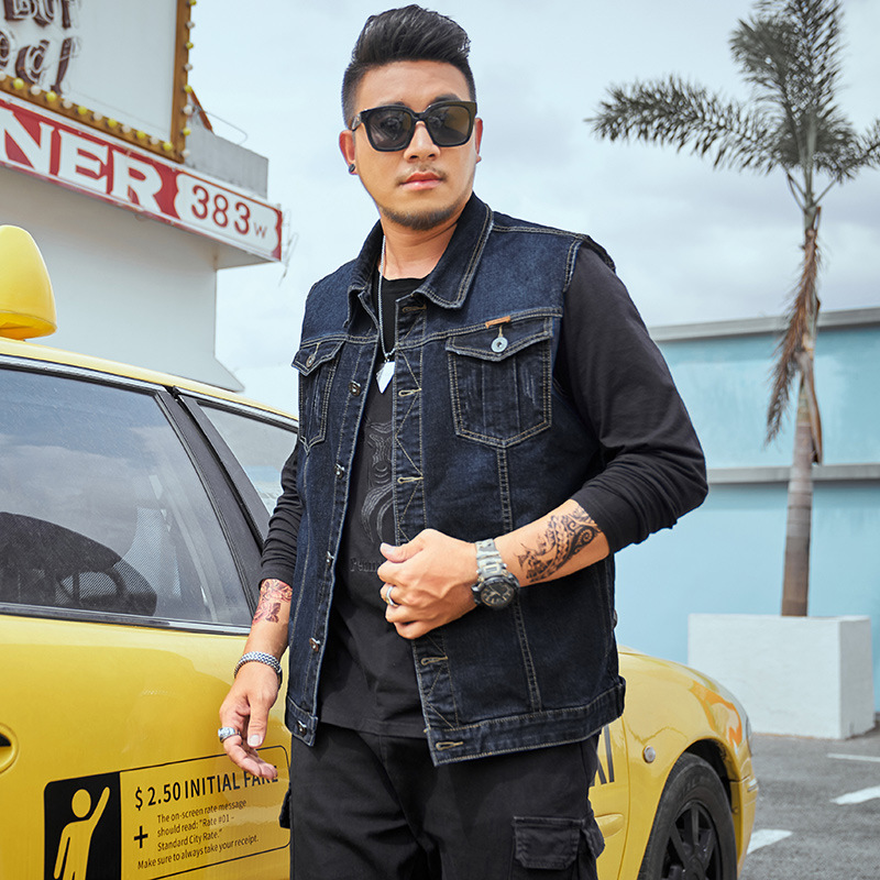 Men's Large Size Fat Denim Vest Plus Size Stretch Sleeveless Top Fat Men's Vest Biker Waistcoat