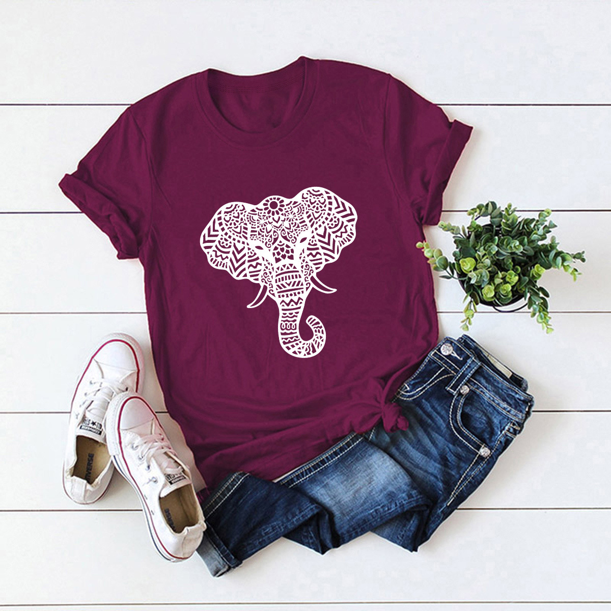 In Stock! Cross-border  Hot European And American Women's Clothing Top Popular Elephant Printed Short-sleeved T-shirt For Women display picture 6