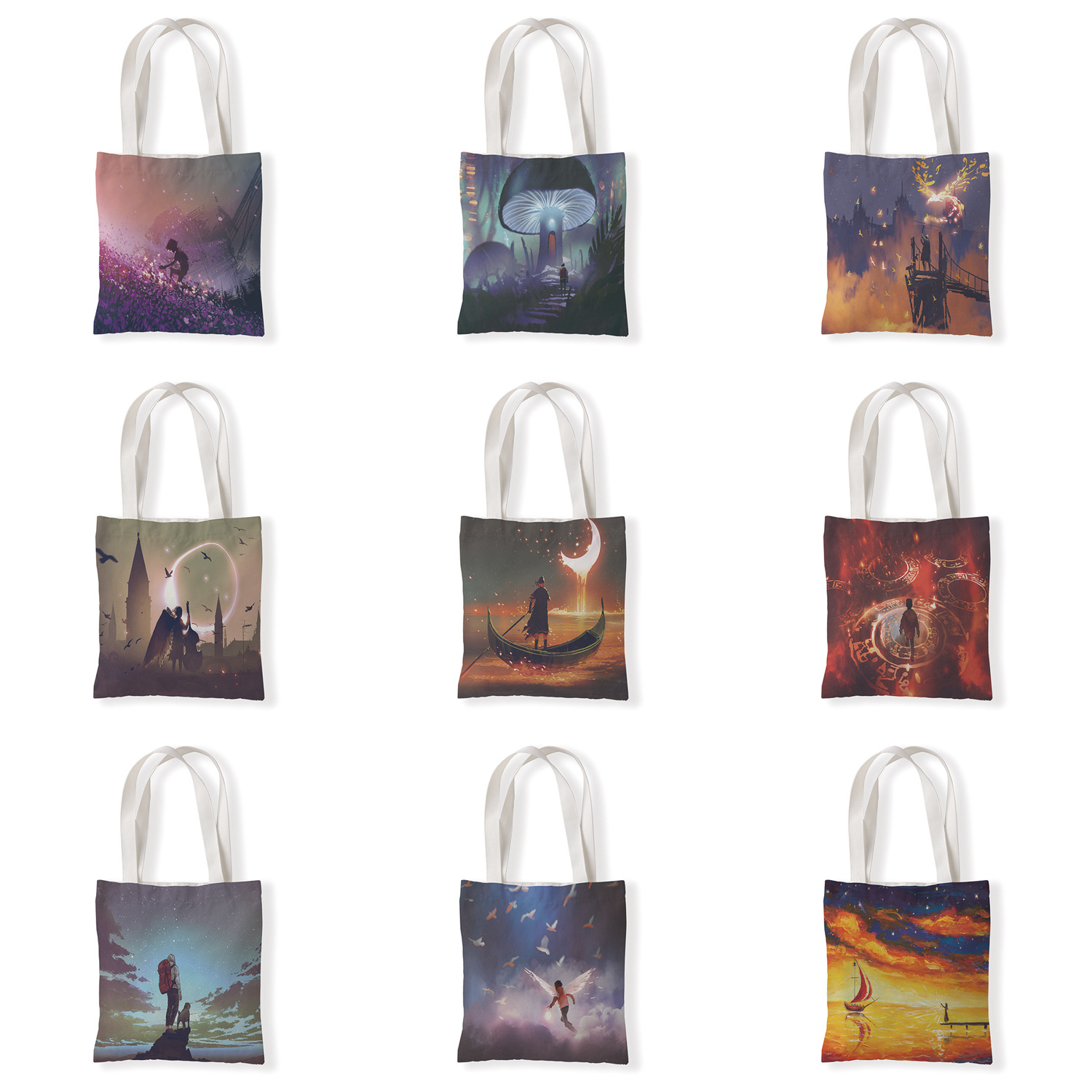 油画人物风景印花帆布袋休闲单肩袋手拎百搭包零钱袋环保购物袋