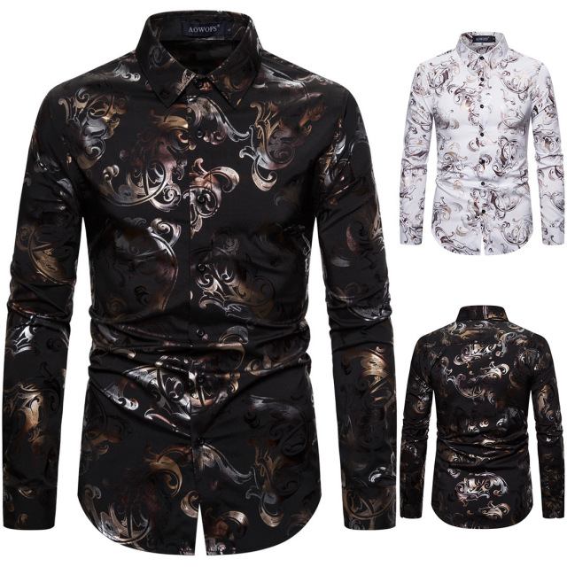 Spring men’s nightclub trend fashion spray gilt stretch casual Long Sleeve Shirt