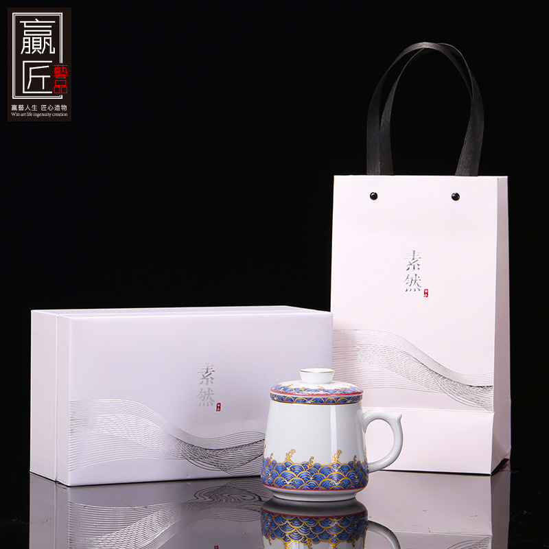 Winjiang esmalte Taza de cerámica té separación personal Oficina taza de té con tapa logo letras