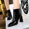 Sexy cross bandage decoration thick heel high heel square head wrinkled patent leather boots