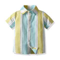 2020 New Korean Style Children's Top for Boys Striped Short-Sleeve Shirt Summer Baby Outing Open Collar Shirt