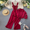 Suspender pleated wide leg Jumpsuit + stand collar short sleeve cardigan shirt